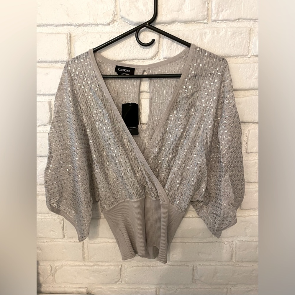 Bebe grey pointelle kimono top with sequence